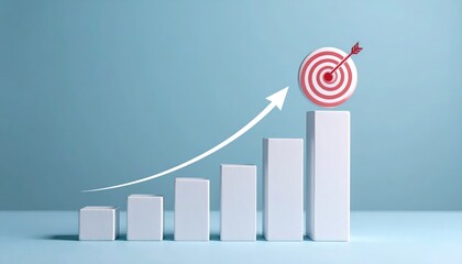 An arrow hits the bullseye, signifying the successful achievement of goals in a graphically depicted chart. Representing growth and reaching targets.