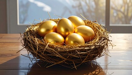 A collection of golden eggs rests delicately within a meticulously crafted nest, bathed in the soft glow of sunlight.