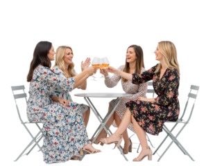 Four Women Toasting at a Garden Table – Joyful Sisterhood in a Sunlit Moment