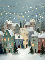 Enchanting Winter Village Snow Covered Homes and Festive Glowing Lights