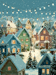 Snowy Village Evening with Warm Glowing Houses and Festive Lights