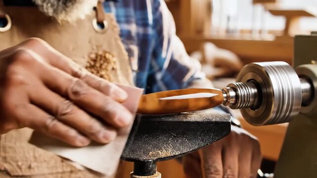 A craftsman shapes wood on a lathe, detail of tool and a piece in progress