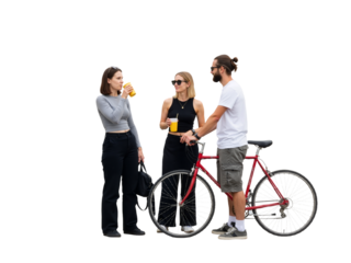 Three Friends with Drinks and a Bicycle – A Relaxed Moment of Casual Connection