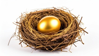 A glistening golden egg nestled in a natural woven nest, symbolizing wealth, security, and prosperity.
