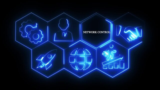 NETWORK CONTROL.Concept with Neon Icons and Hexagonal .Animated illustration concept with associated business and technology. glowing neon hexagonal icons 4K