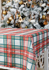 Plaid Christmas tablecloth with tree and gifts
