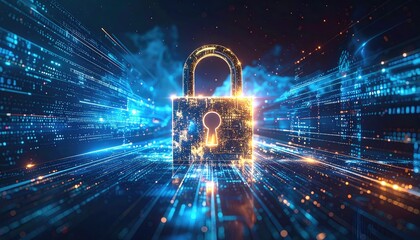 A futuristic portrayal of a digital padlock at the center, radiating glowing lines, symbolizing the essence of internet security.