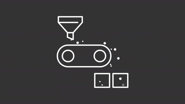 Animated ore concentration white line icon. Vibrating conveyor sorting extracted deposit animation. Metal fabrication technology. Isolated element on dark background. Alpha transparent video