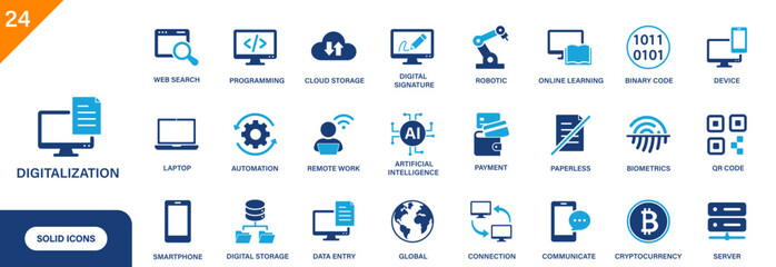 Digitalization icon. Including binary code, online learning, QR code, robotics, digital signature, cryptocurrency. Solid vector icon set.