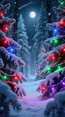 Winter forest glistens with holiday lights in snowy landscape