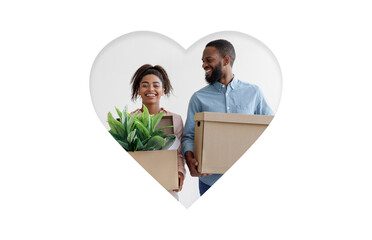 A joyful couple stands together, smiling while carrying boxes and potted plants. They share a moment of excitement as they prepare for a new chapter in their lives.