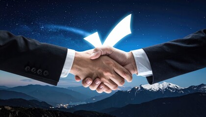 A symbolic representation of business cooperation and agreement, with hands clasped in a firm handshake. set against a backdrop of mountains and stars to evoke trust and partnership.