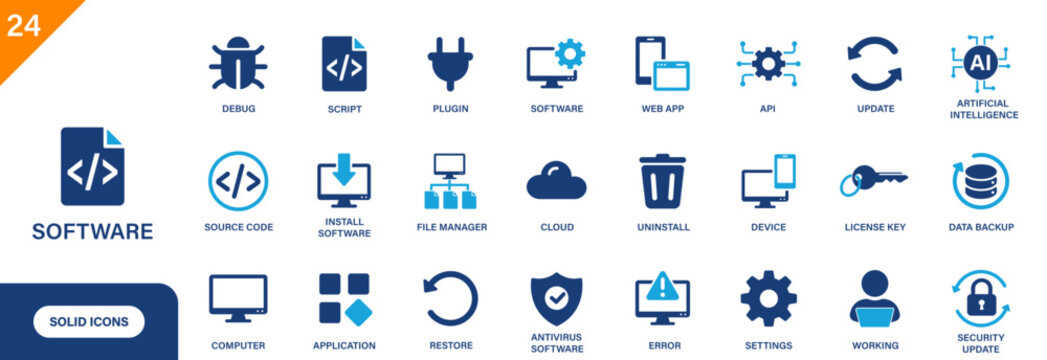 Software icon. Includes script, debug, API, web app, source code. Solid vector icon set.