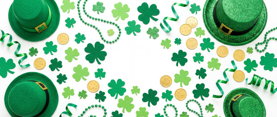 st patrick's day celebration with green hats and shamrock decorations on white background