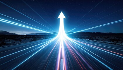 An arrow of light pointing toward the sky above the highway signifying future growth, expansion, and direction.