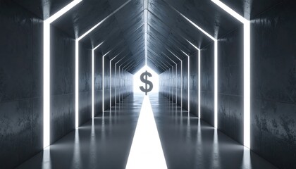 An artistic depiction of a neon-lit tunnel leads to a glowing dollar sign, symbolizing the allure of wealth, finance, and the relentless pursuit of financial success.