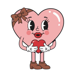 Obraz premium Cute retro-style heart character holding a small red heart, featuring expressive eyes, gloves, and a bow. Perfect for Valentine’s Day, love themes, greeting cards, and cute cartoon designs.