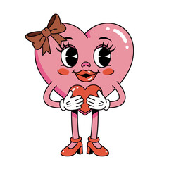 Cute retro-style heart character holding a small red heart, featuring expressive eyes, gloves, and a bow. Perfect for Valentine&rsquo;s Day, love themes, greeting cards, and cute cartoon designs.
