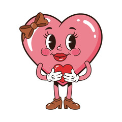 Cute retro-style heart character holding a small red heart, featuring expressive eyes, gloves, and a bow. Perfect for Valentine&rsquo;s Day, love themes, greeting cards, and cute cartoon designs.