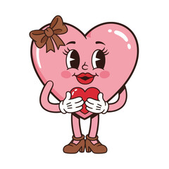 Cute retro-style heart character holding a small red heart, featuring expressive eyes, gloves, and a bow. Perfect for Valentine&rsquo;s Day, love themes, greeting cards, and cute cartoon designs.