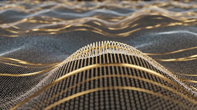 Abstract digital landscape with flowing golden lines over a textured surface of shimmering dots, creating a sense of fluid motion and technological elegance.