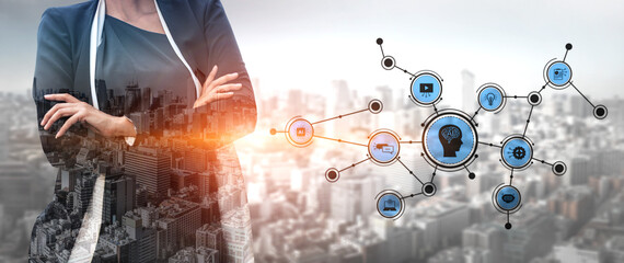 A confident businesswoman stands against a vibrant city backdrop, illustrating the synergy between technology and urban growth through digital network icons. Tessel