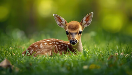 Close-up photograph of a young fawn lying peacefully in lush green grass