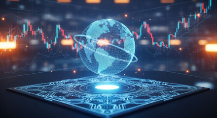 A glowing blue globe sits atop a platform with a trading chart in the background, symbolizing global market trends and economic analysis.