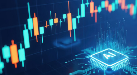 Detailed close up of a semiconductor chip, overlaid with a digital candlestick chart in orange and teal, against a blue background. Electrical circuitry pattern details and abstract technology.