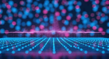 Abstract digital landscape featuring a rising pink data signal against a backdrop of blurred blue bokeh, displaying a futuristic grid network concept.