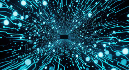 A luminous blue circuit board glows against a dark backdrop, creating an abstract and futuristic technological landscape. It evokes a sense of digital innovation.