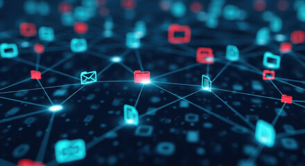 Digital network featuring blue and red data nodes interconnected on a dark background, creating a futuristic abstract design. Ideal for illustrating data connections and technological advancement.