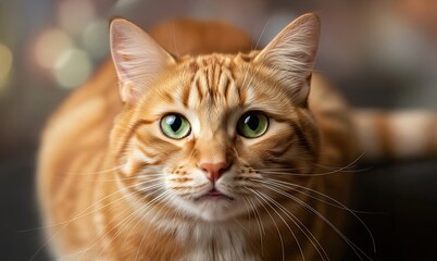 Ginger Cat Portrait: An intimate portrait of a stunning ginger cat, with vibrant green eyes. Its soft fur contrasts beautifully with the warm ambient light.