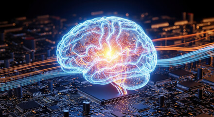 A conceptual image featuring an artificial intelligence brain rendered on a circuit board, highlighted by a glowing node, representing digital connections and futuristic technology in blue tones.