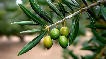 Green olives ripening on olive tree branch with water drops, copy space