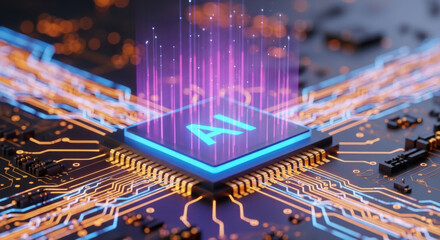 Artificial Intelligence Microchip with Glowing Circuitry and Purple AI Symbol Futuristic Technology Concept