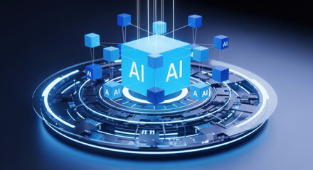 Futuristic artificial intelligence network connection with glowing cubes and circuits in blue tones symbolizing modern technology and digital innovation.