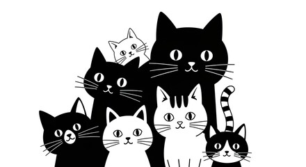 Obraz premium Black and White Cats: An adorable collection of cartoon-style cats, in striking black and white, forming a charming family or friendly group.