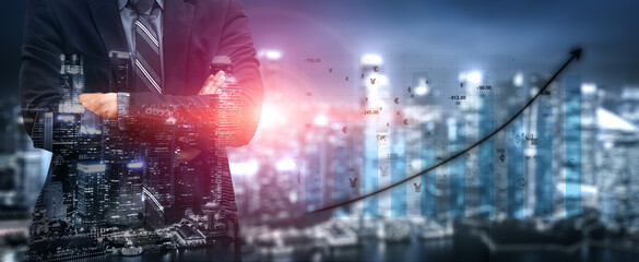A confident businessman in a suit stands against a vibrant city skyline while observing a graph that signifies growth in the financial market. Impute
