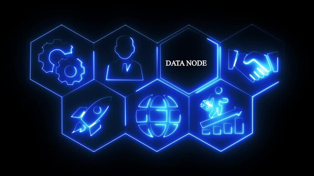 DATA NODE.Concept with Neon Icons and Hexagonal .Animated illustration concept with associated business and technology. glowing neon hexagonal icons 4K