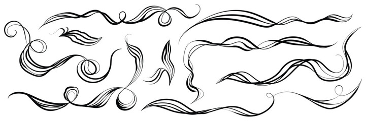 Swirls, looping threads, vector lines. Wavy lines with smooth curves. Curved line drawn by hand in black ink. Frame or border for decoration. Vector illustration.