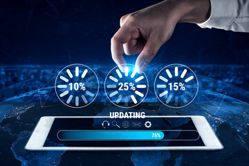 A concept of a system update and software installation. A progress bar and loading icons showing the update percentage and status. Motif