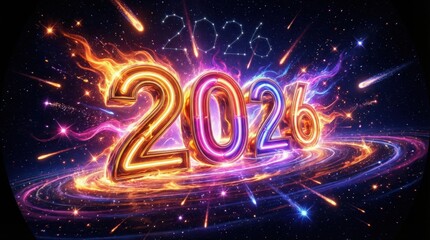 Futuristic 2026 New Year's design with glowing numbers and cosmic background