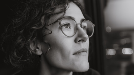 Black and White Contemplative portrait of a woman with eyeglasses