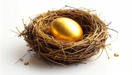 A shiny golden egg rests serenely within a rustic nest, a symbol of potential wealth and financial security, elegantly presented in a photorealistic and inviting composition.