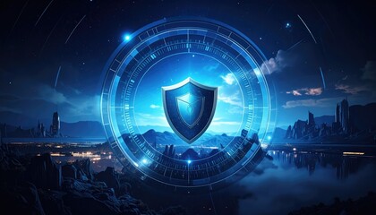 A digital shield glows protectively against a futuristic backdrop of data streams, safeguarding sensitive information with cutting-edge technology.