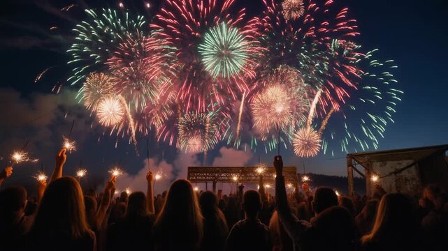 Spectacular Fireworks Display Illuminates Night Sky with Colorful Explosions and Celebratory Atmosphere Viewed by Large Crowds