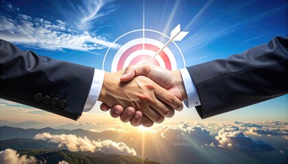 A conceptual representation of business partnership, symbolized by a firm handshake against a backdrop of reaching goals.