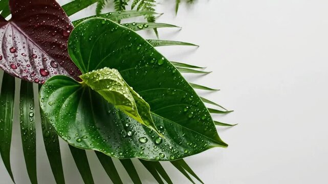 Lush tropical leaves and vibrant red anthurium flowers frame a clean white background, perfect for natural product displays or fresh botanical themes.