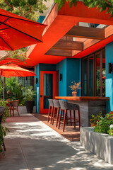 Fototapeta premium Vibrant Outdoor Patio with Modern Orange and Teal Design